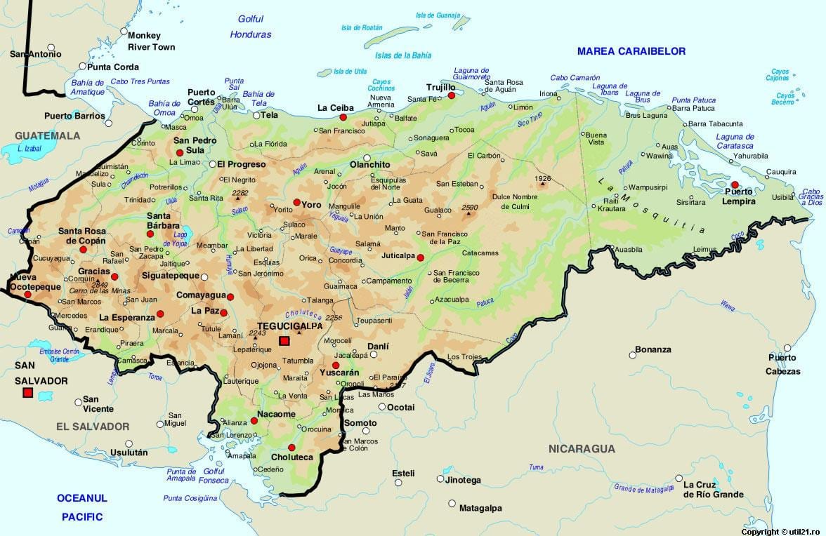 mapa de Honduras e países vizinhos